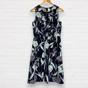 ANN TAYLOR Navy Aqua Blue Ruffle Front Bodice Sleeveless A-Line Dress 8 Petite
